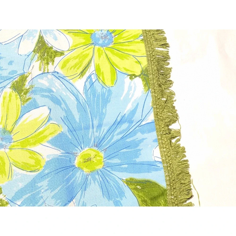 VTG Cannon Royal Family Queen Bedspread Mod 60s 70s Floral Fringe Green Blue